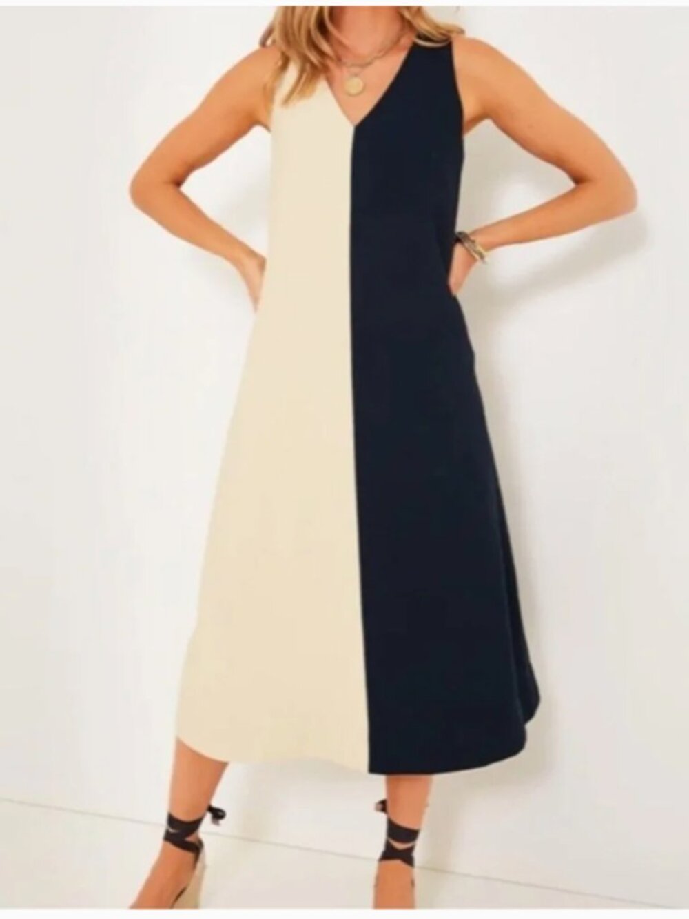 POMANDER PLACE Navy and Tan Sallie Dress